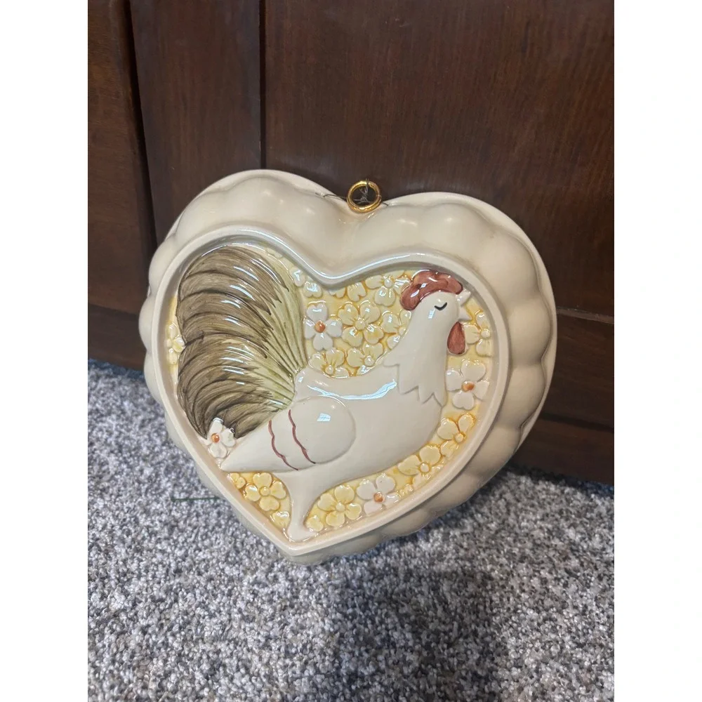 Vintage Heart Shaped Ceramic Rooster Jello Mold Wall Hanging Farmhouse Decor
